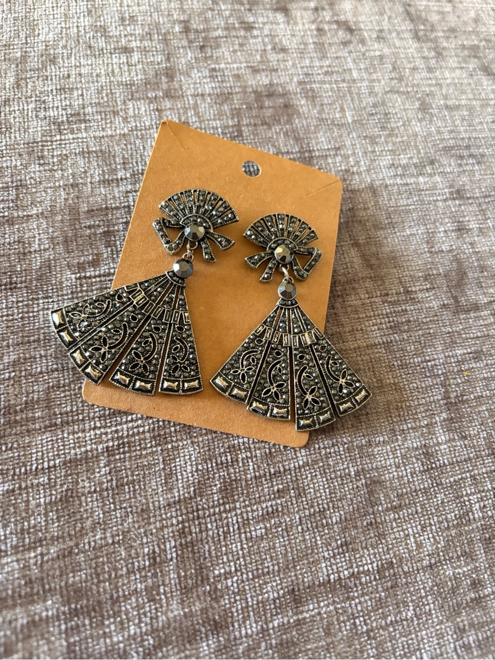 Vintage Bronze-Tone Filigree Fan Drop Earrings